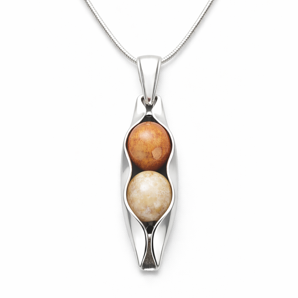 35th Coral Anniversary Gift for Wife – Silver Two Peas in a Pod Necklace & Fossilised Coral