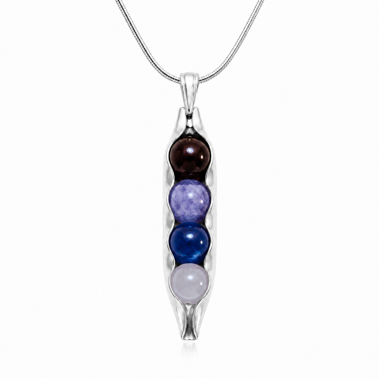 Pea pod necklace with custom birthstones on a white background four peas in a pod