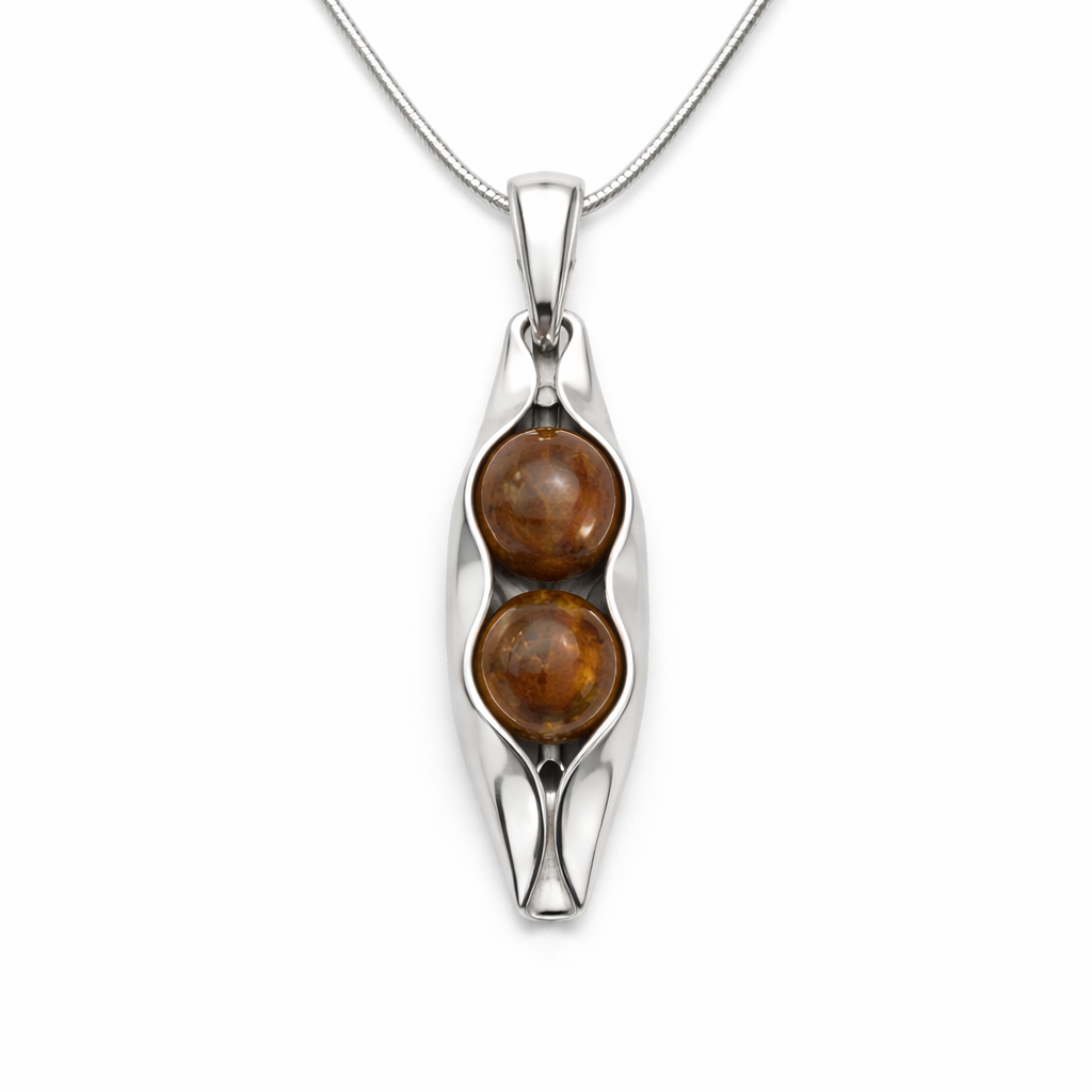 Petrified Wood | Silver Two Peas In A Pod Necklace | 5th Anniversary Gift for Wife | Personalised Necklace in Sterling Silver or 14K Gold Filled | Engraving Included