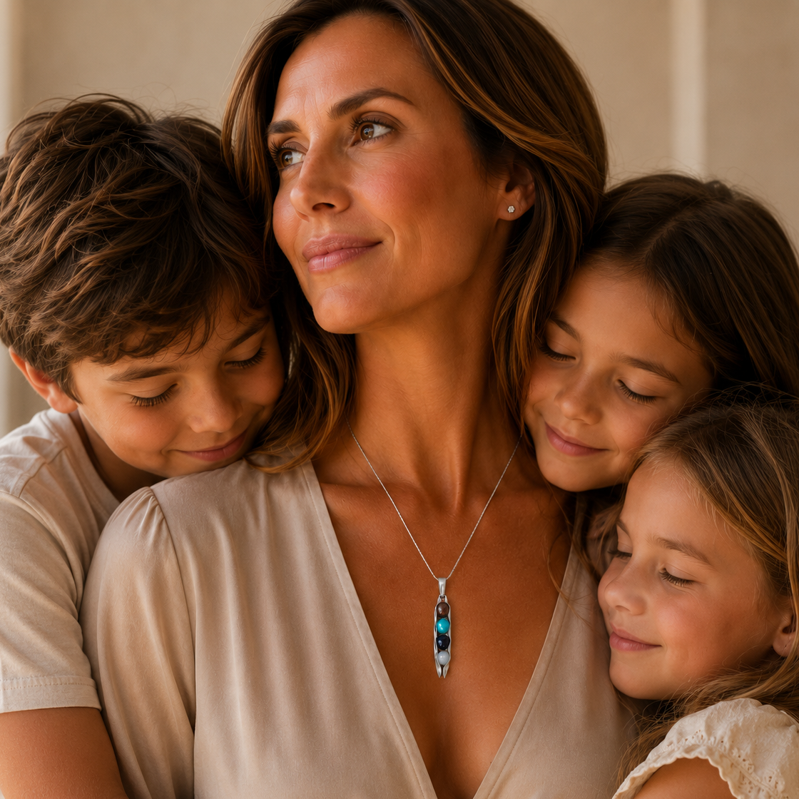 Personalised Family Jewellery | Four Peas in a Pod Necklace | Custom Birthstones & Engraving