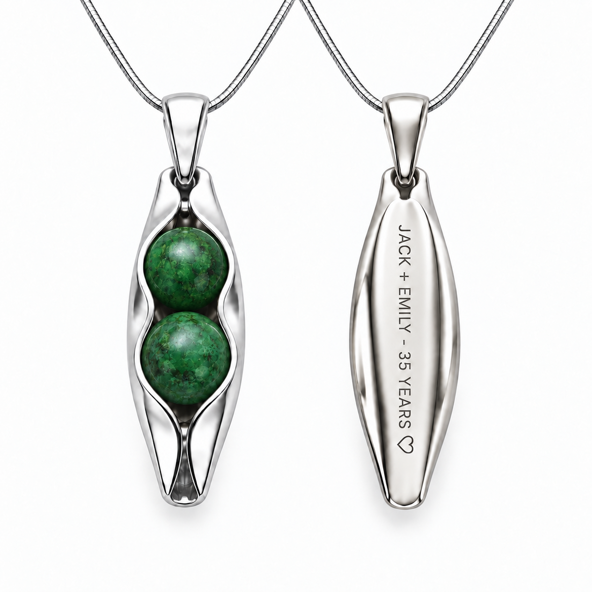Silver jade 35th anniversary necklace front and engraved back
