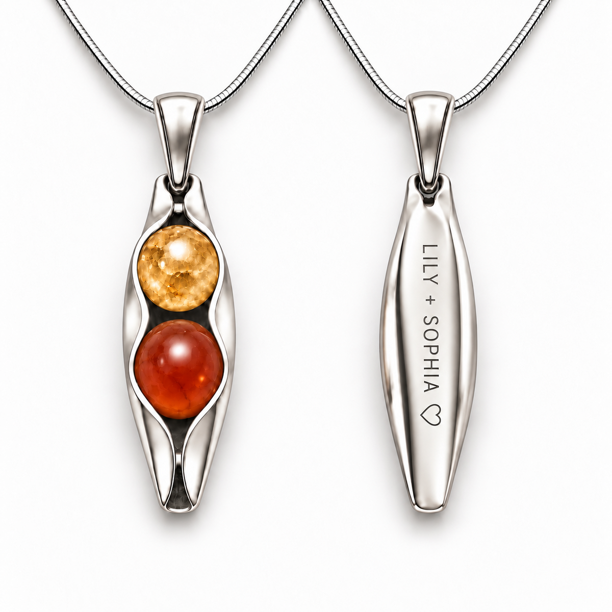 6th wedding anniversary personalised Two Peas in a Pod sterling silver necklace with citrine and carnelian gemstones and engraving