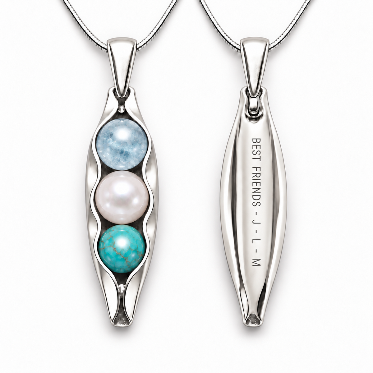 Three Peas in a Pod silver pendant front and personalised engraved back