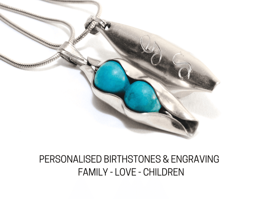 Peas in a pod with your choice of stones and engraving - RACHEL SHRIEVES DESIGN