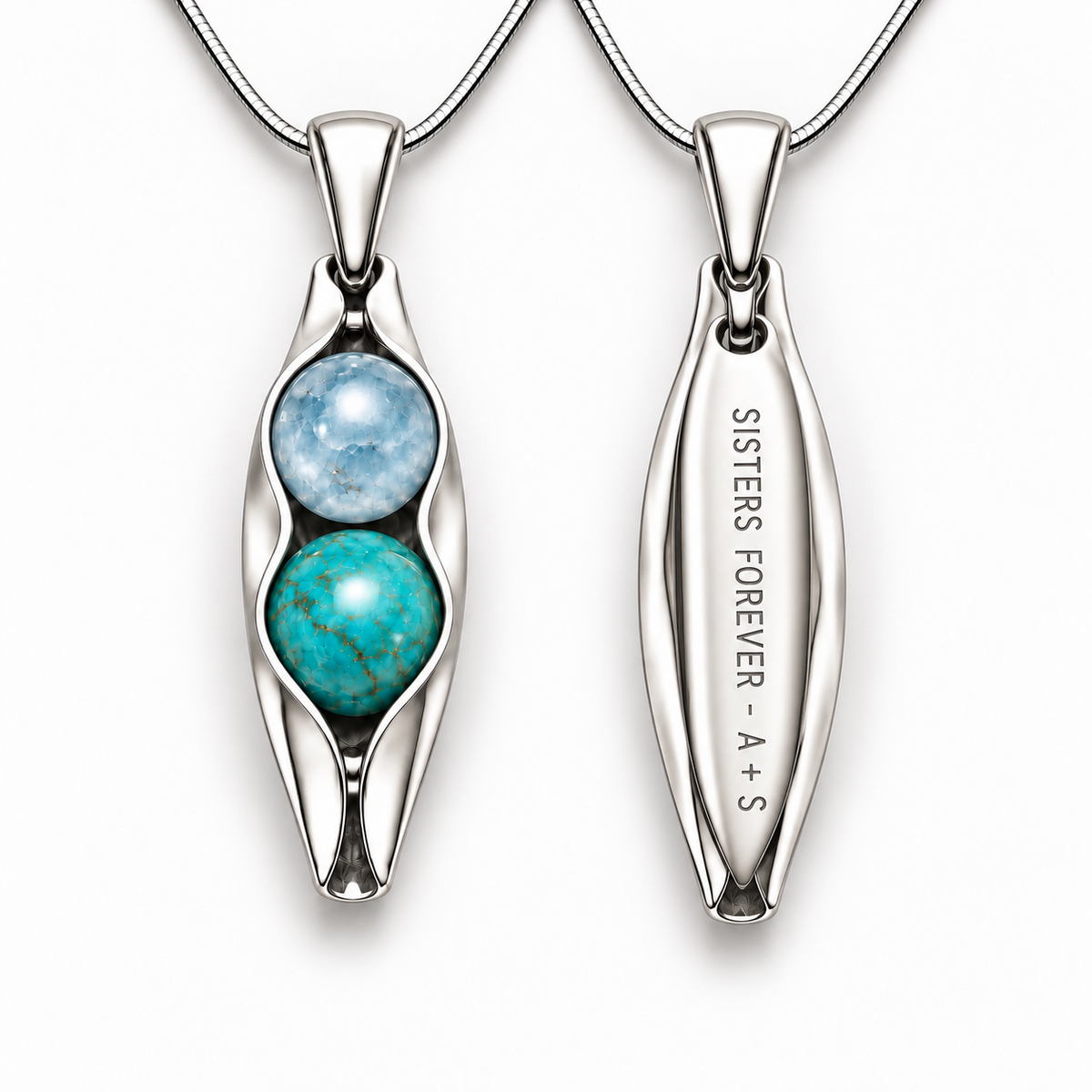 Personalised Two Sisters Two Peas in a Pod birthstone necklace with SISTERS FOREVER engraving