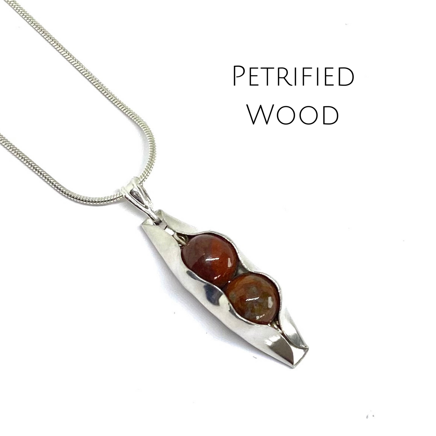 Petrified Wood | Two Peas In A Pod Necklace | 5th Anniversary Gift for Wife | Personalised Necklace in Sterling Silver or 18ct Gold Filled | Engraving Included