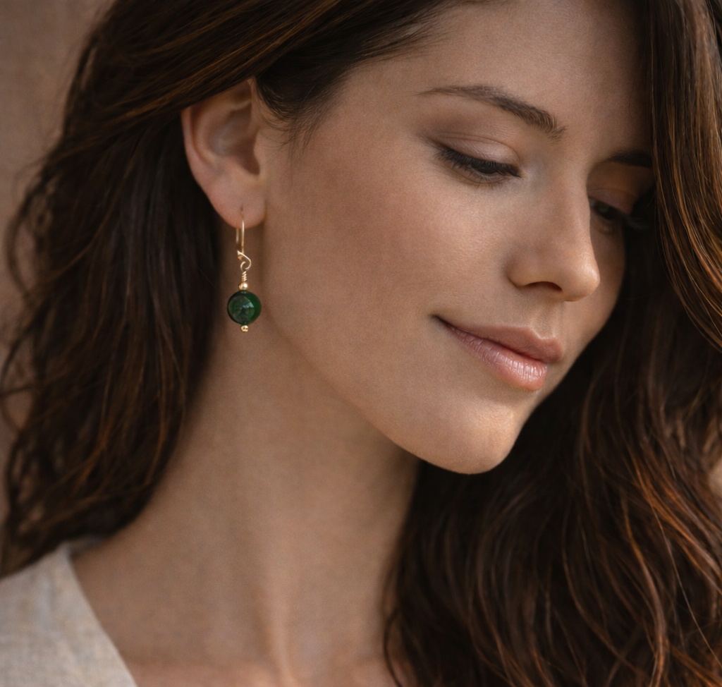 Gold Dark Jade Earrings | Drop Earrings | Gold Filled | 35th Anniversary