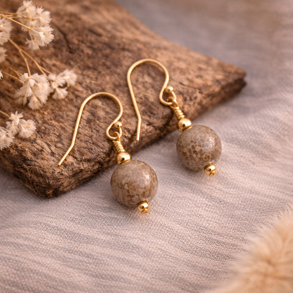 Gold Coral Earrings | Drop Earrings | Gold Filled | Fossilised Coral