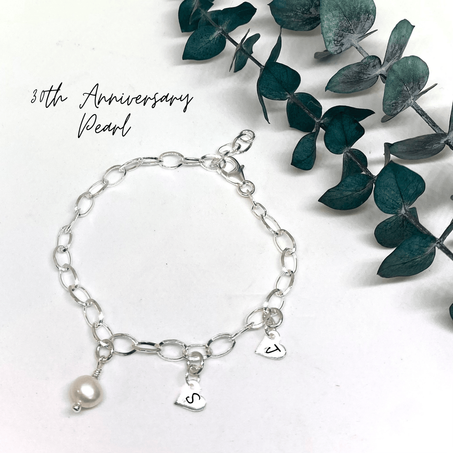 30th Anniversary Bracelet | Freshwater Pearl | Personalised heart charms | Sterling silver | 30th wedding anniversary gift - RACHEL SHRIEVES DESIGN