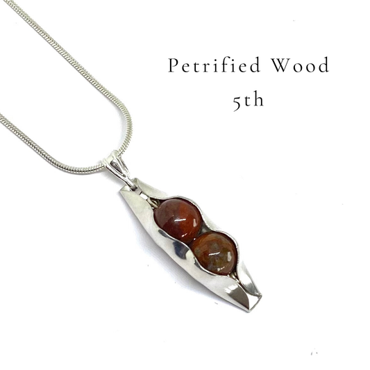 Petrified Wood | Two Peas In A Pod Necklace | 5th Anniversary Gift for Wife | Personalised Necklace in Sterling Silver or 18ct Gold Filled | Engraving Included