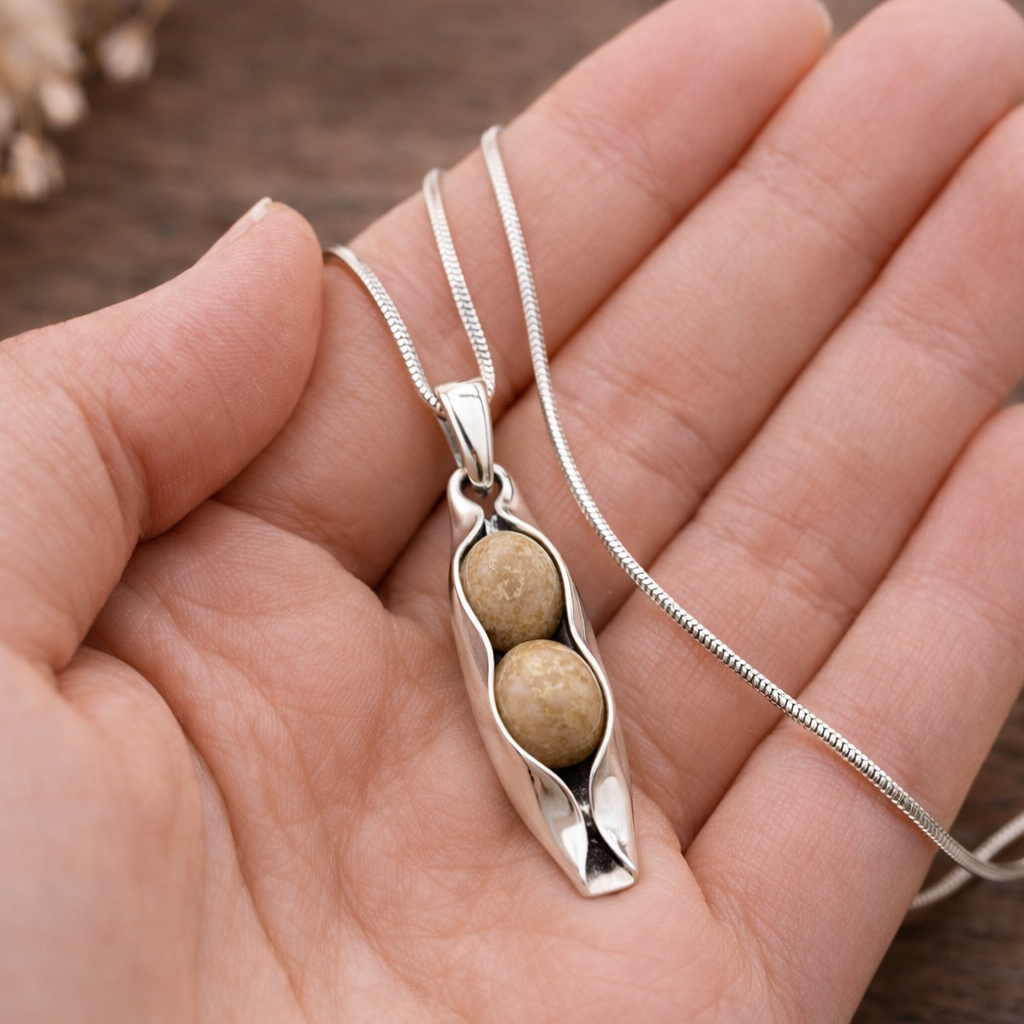 35th Coral Anniversary Gift for Wife – Silver Two Peas in a Pod Necklace & Fossilised Coral