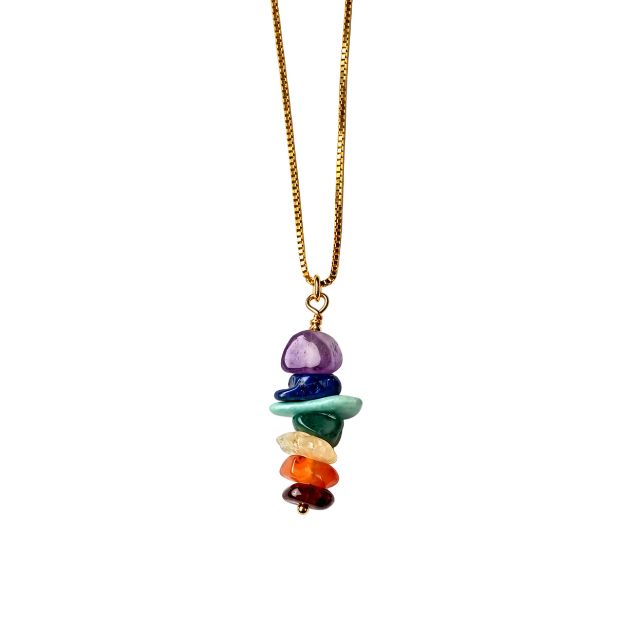 A gold chain necklace featuring a vertical stack of seven colorful chakra stones (purple, blue, green, yellow, orange, red, brown) on a plain white background, with the brand name 'Chakra Stones' written in script in the bottom-left corner.