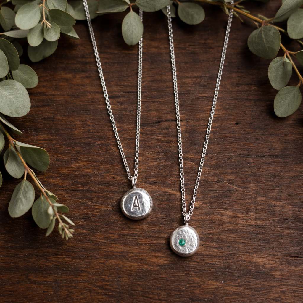 Sterling Silver Birthstone Pebble Necklace – Handmade Organic Pendant – Flush Set Gemstone