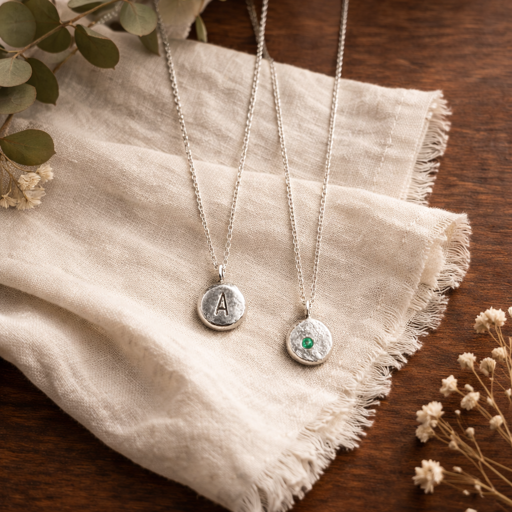 Sterling Silver Birthstone Pebble Necklace – Handmade Organic Pendant – Flush Set Gemstone