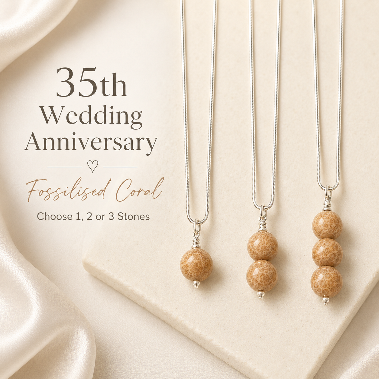 Coral Necklace | Sterling Silver or 14K Gold Filled | 1, 2 or 3 Fossilised Coral Stones | Anniversary Necklace