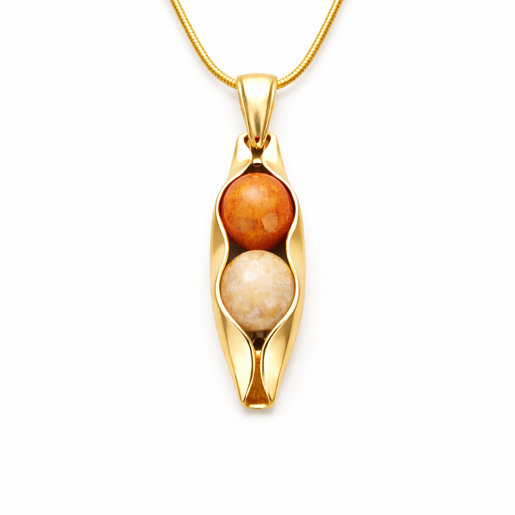 Gold 35th Coral Anniversary Gift for Wife – Fossilised Coral Two Peas in a Pod Necklace - 18ct Gold Filled