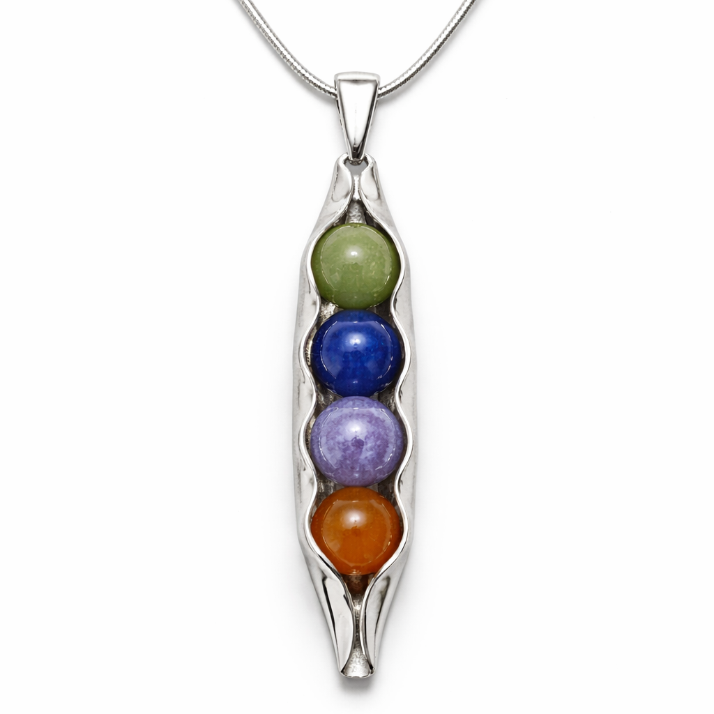 Pea pod necklace with custom birthstones on a white background four peas in a pod