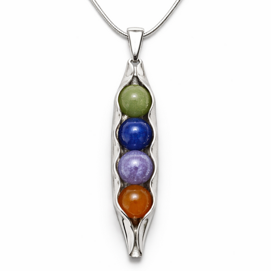 Pea pod necklace with custom birthstones on a white background four peas in a pod