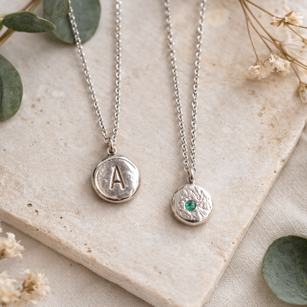 Sterling Silver Birthstone Pebble Necklace – Handmade Organic Pendant – Flush Set Gemstone