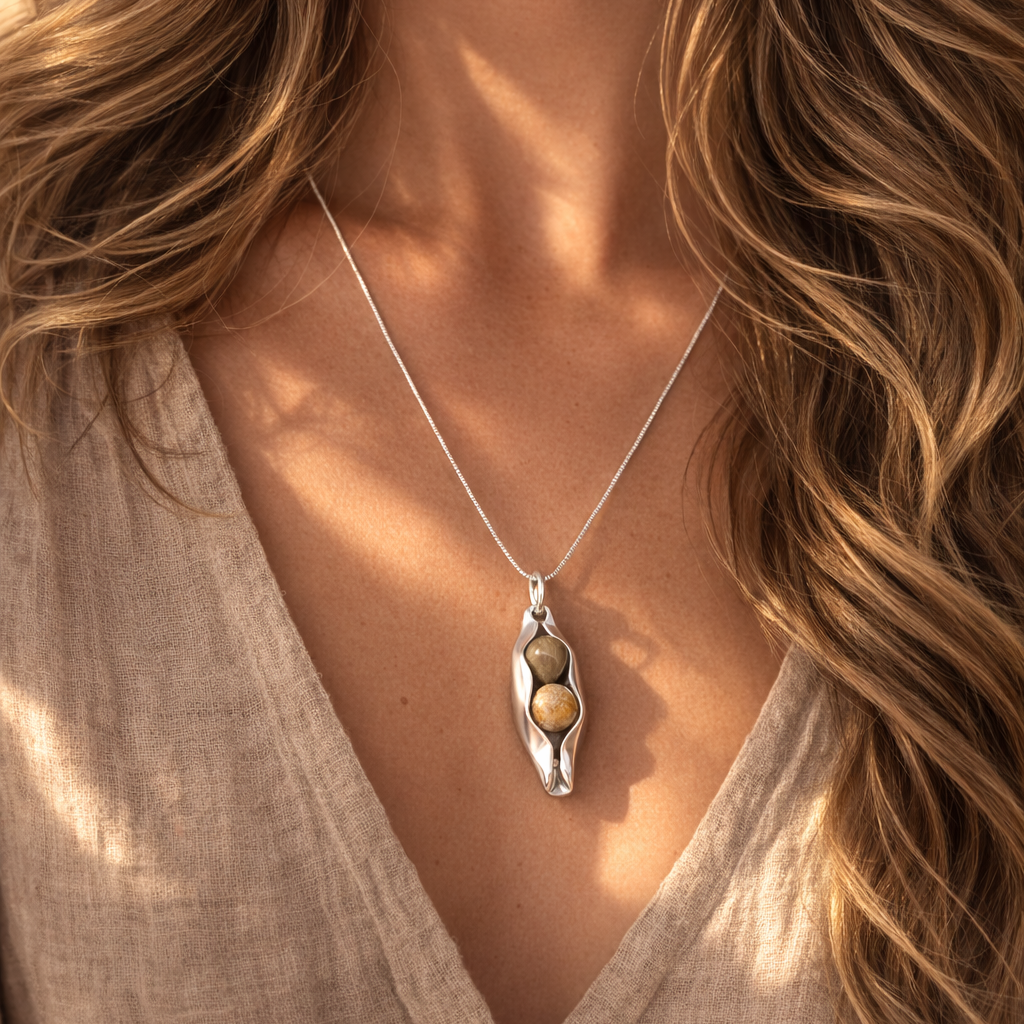 35th Coral Anniversary Gift for Wife – Silver Two Peas in a Pod Necklace & Fossilised Coral
