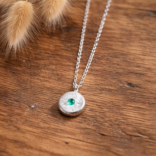Sterling Silver Birthstone Pebble Necklace – Handmade Organic Pendant – Flush Set Gemstone