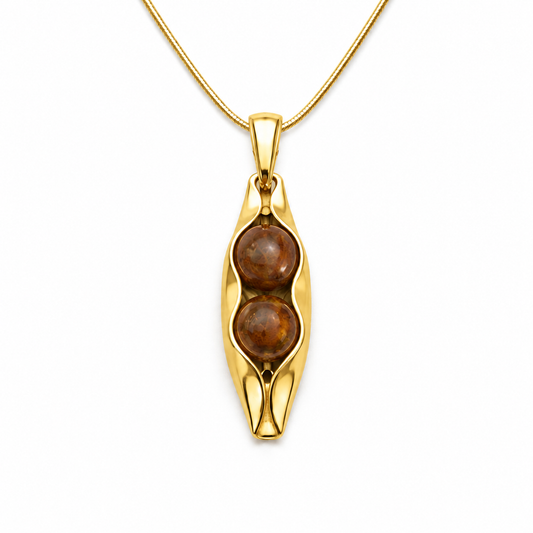 Petrified Wood | Gold Two Peas In A Pod Necklace | 5th Anniversary Gift for Wife | Personalised Necklace | Engraving Included