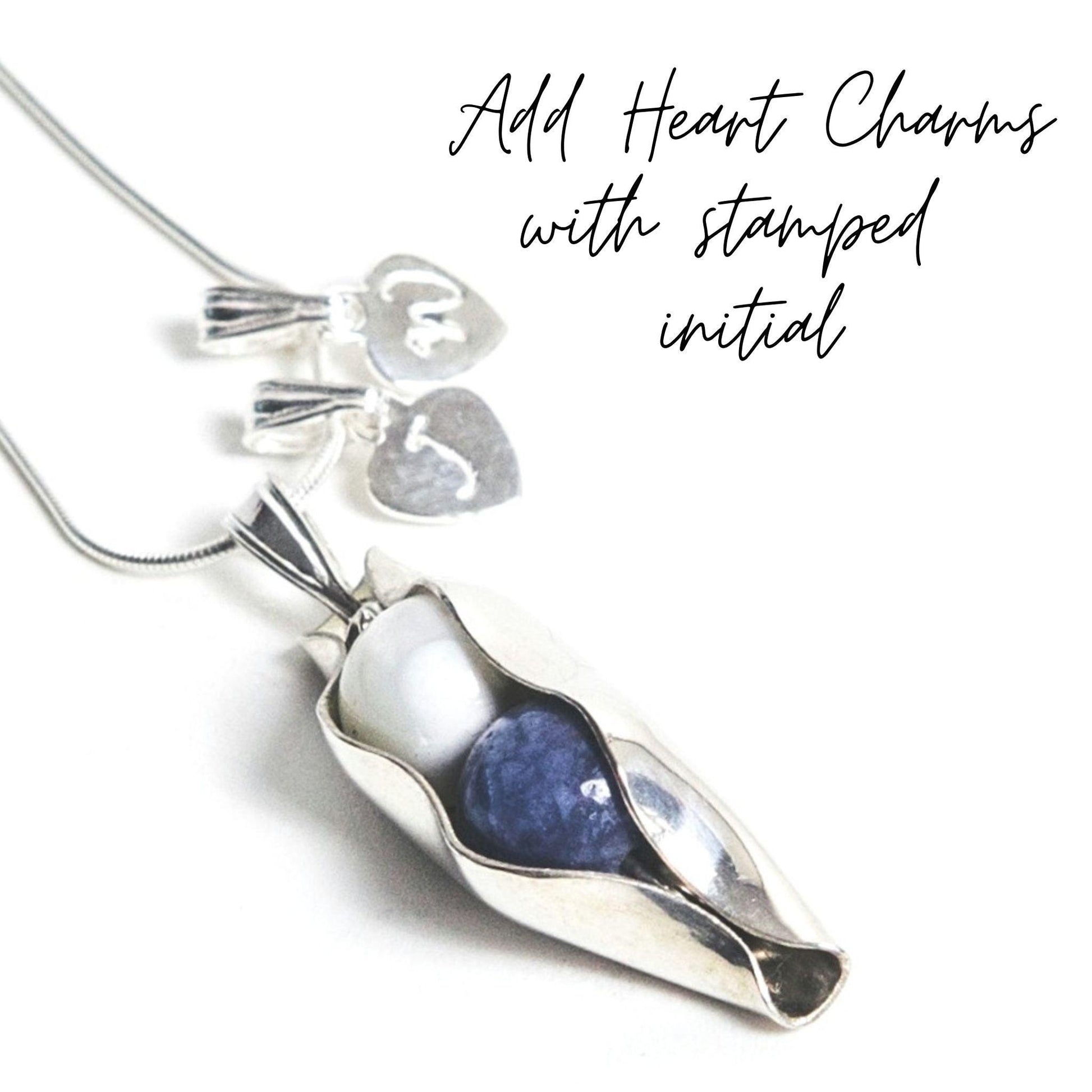 Three Pea In A Pod | Engraved Initials & 2 X Heart Charms | Any Birthstone Combination - RACHEL SHRIEVES DESIGN