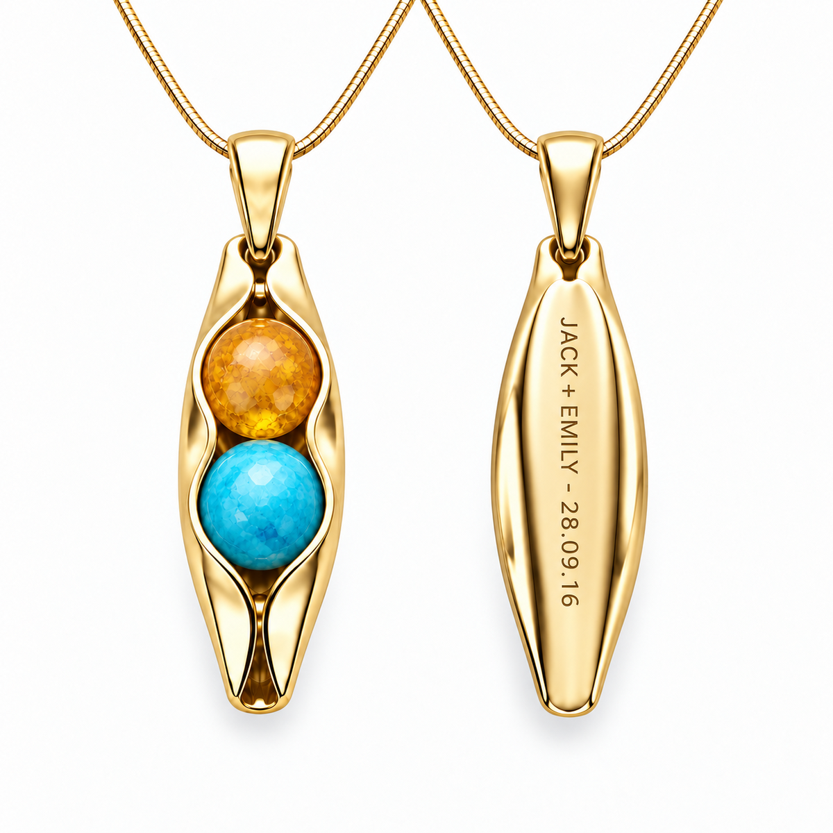 Gold Two Peas in a Pod personalised anniversary necklace with citrine and turquoise