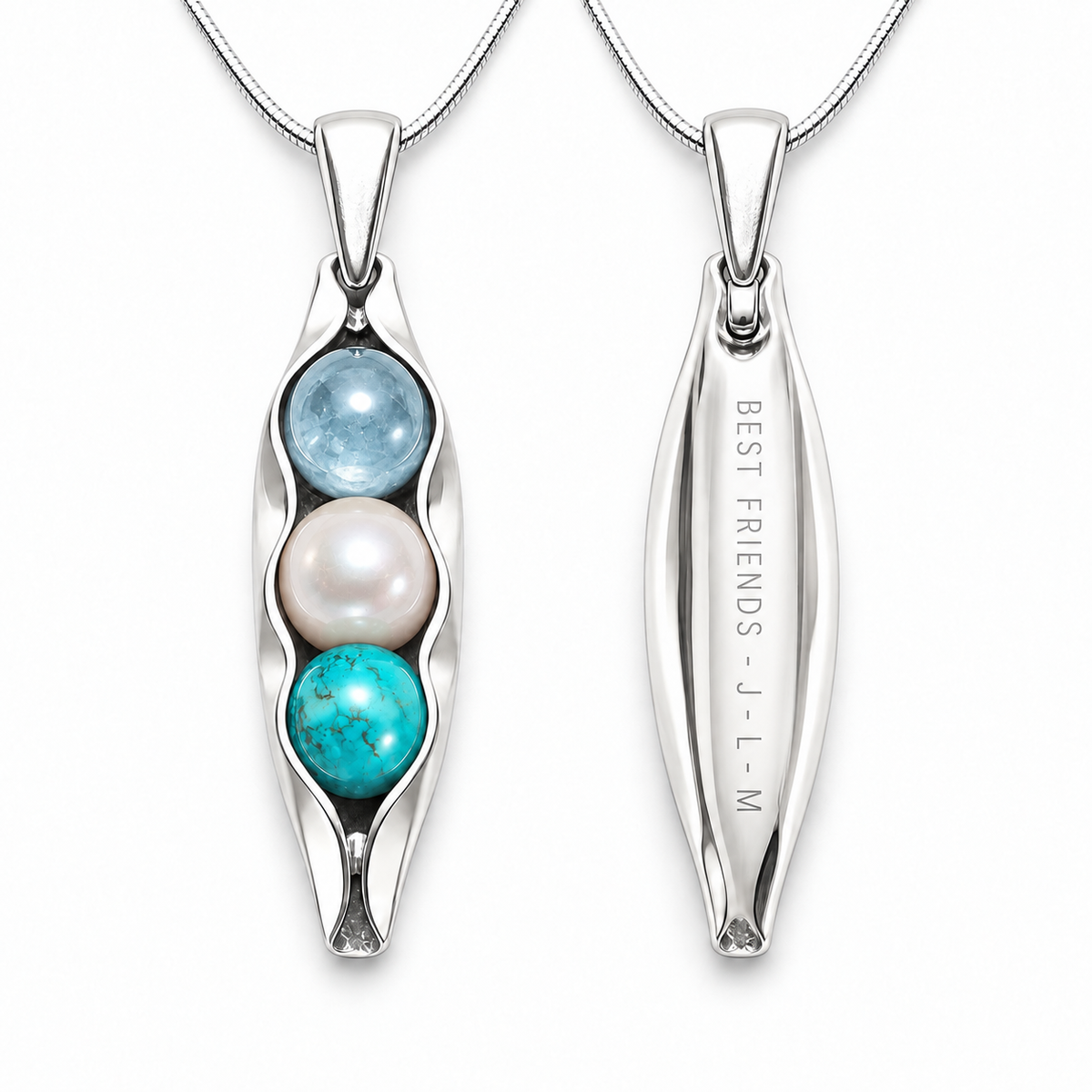 Personalised Best Friends Three Peas in a Pod birthstone necklace with BEST FRIENDS engraving