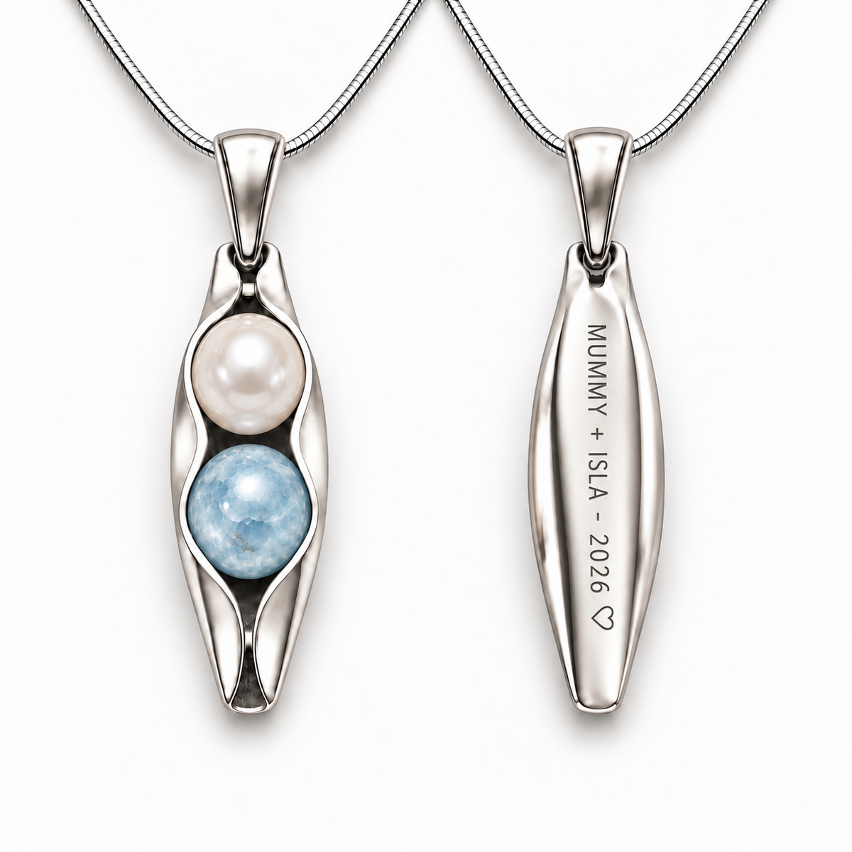 Personalised First Christmas as Parents Two Peas in a Pod necklace with MUMMY + ISLA - 2026 engraving