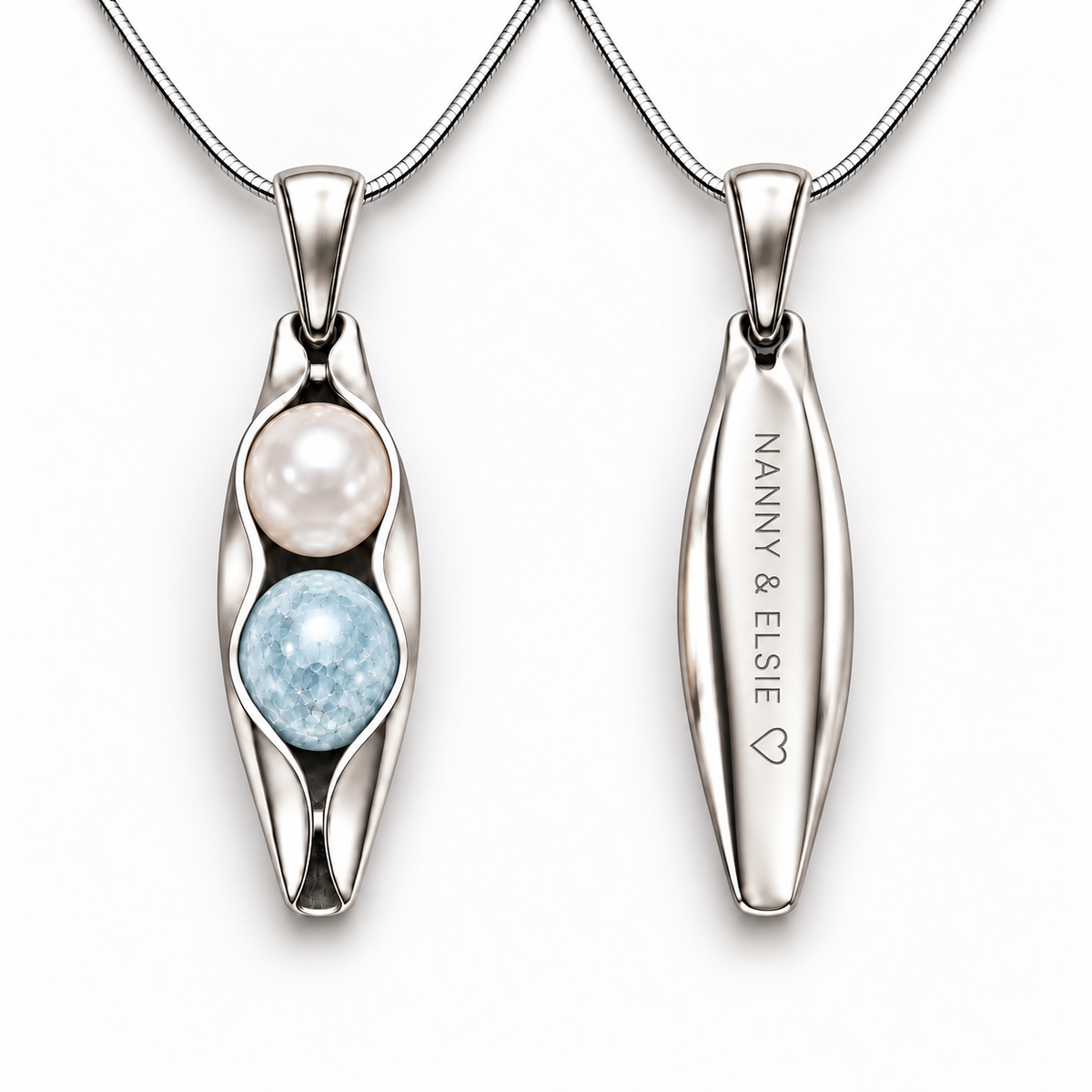 Personalised Grandma or Nanny Two Peas in a Pod birthstone necklace with NANNY & ELSIE engraving