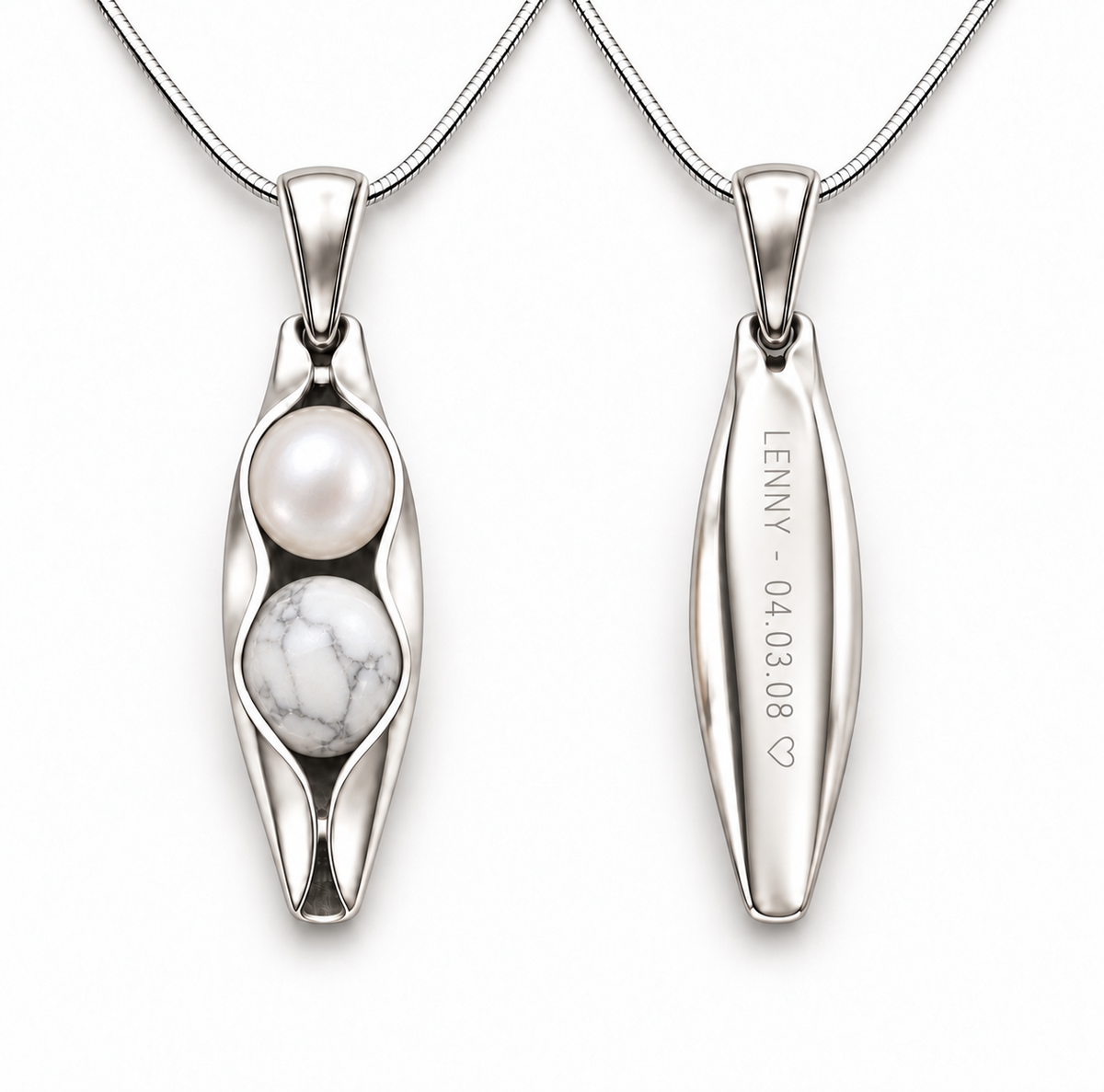 Personalised memorial Two Peas in a Pod necklace with Pearl and White Howlite and date engraving