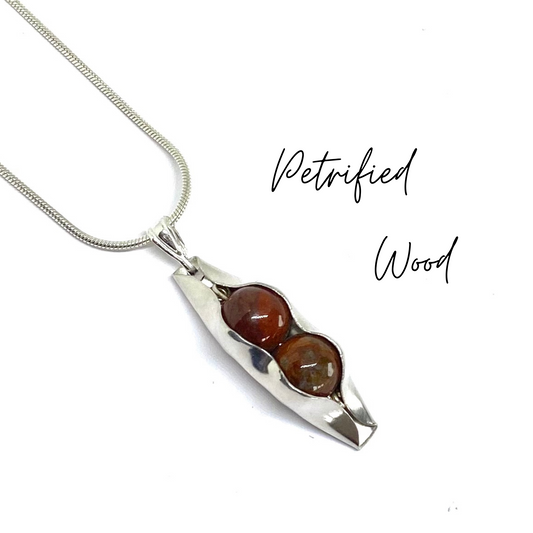 Petrified Wood | Two Peas In A Pod Necklace | 5th Anniversary Gift for Wife | Personalised Necklace in Sterling Silver or 18ct Gold Filled | Engraving Included