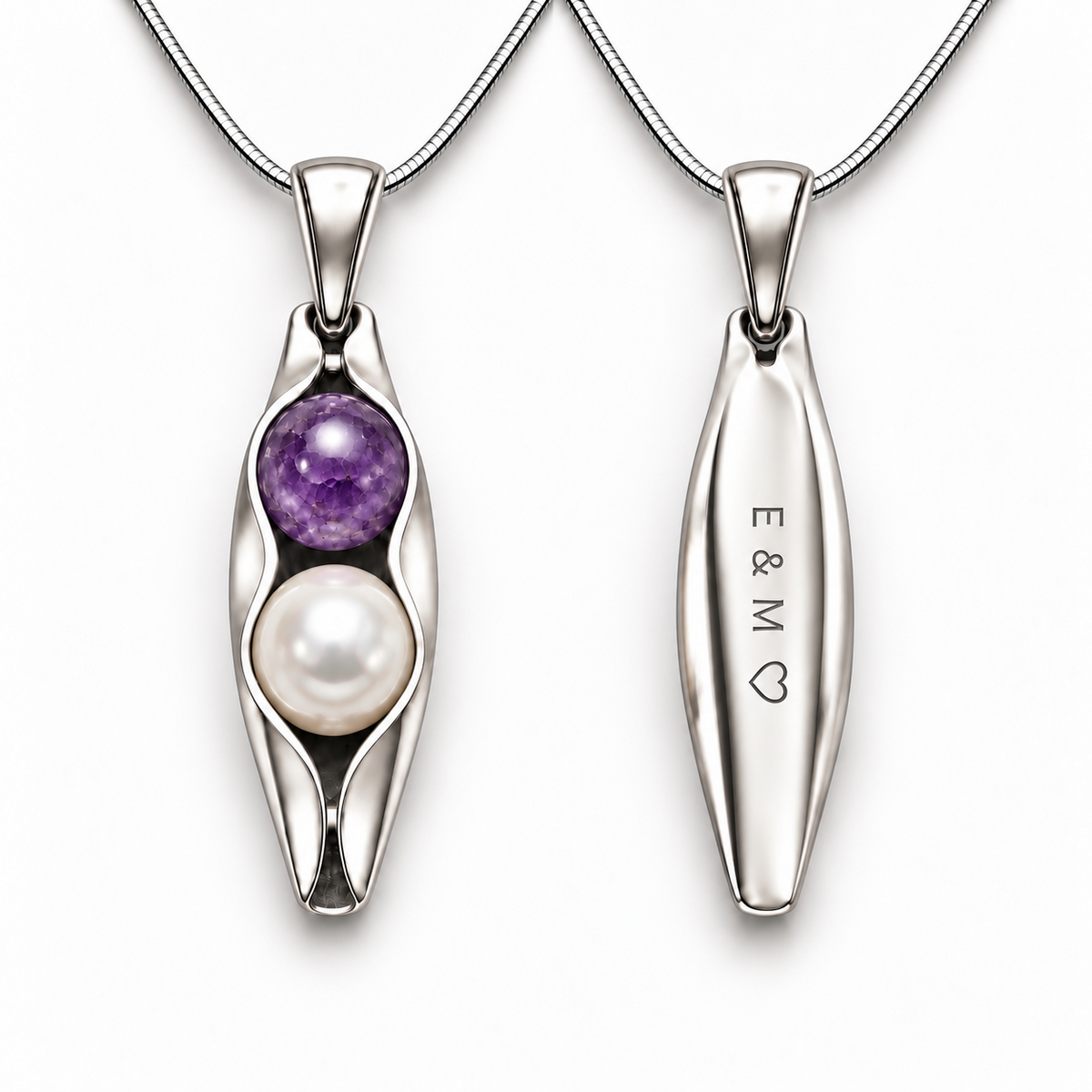 65th wedding anniversary personalised Two Peas in a Pod sterling silver necklace with amethyst and pearl gemstones and engraving