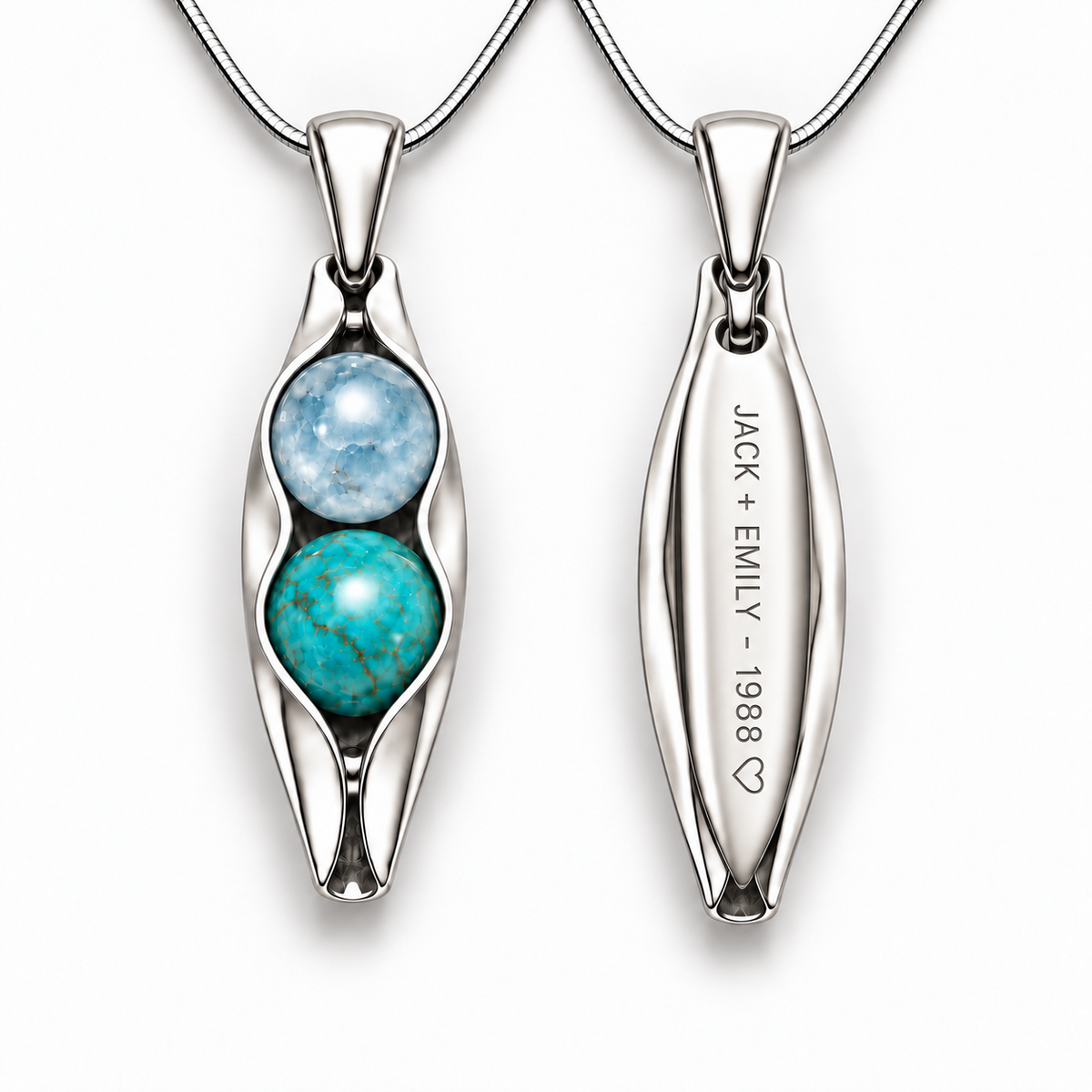 70th wedding anniversary personalised Two Peas in a Pod sterling silver necklace with aquamarine and turquoise gemstones and engraving