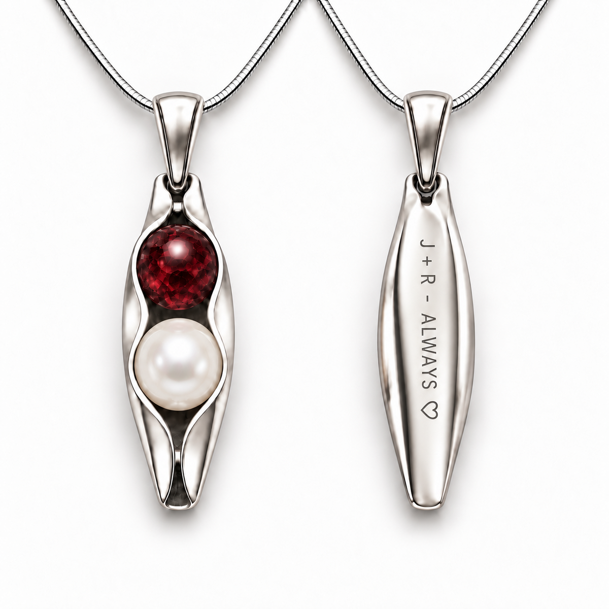 Personalised 1 year anniversary Two Peas in a Pod necklace with garnet and pearl gemstones and engraving
