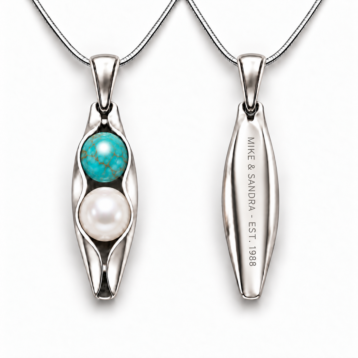 Personalised 3 year anniversary Two Peas in a Pod necklace with turquoise and pearl gemstones and engraving