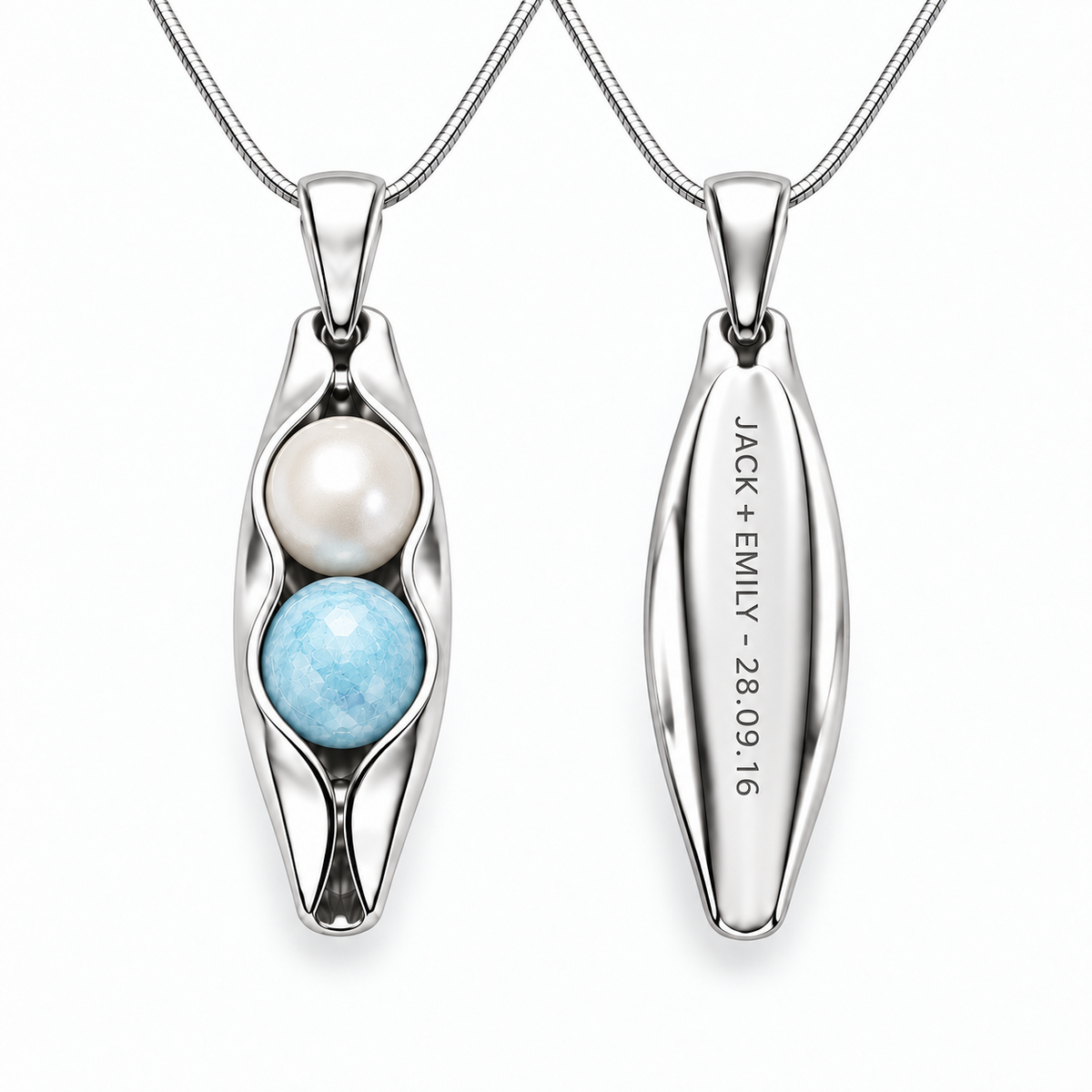 Sterling silver Two Peas in a Pod necklace with white pearl and blue gemstone, front and engraved back