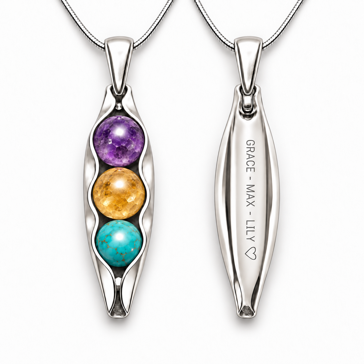Three Peas in a Pod silver pendant front and personalised engraved back