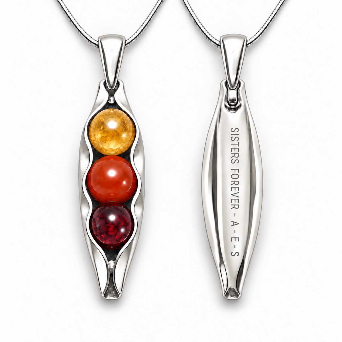 Three Peas in a Pod silver pendant front and personalised engraved back