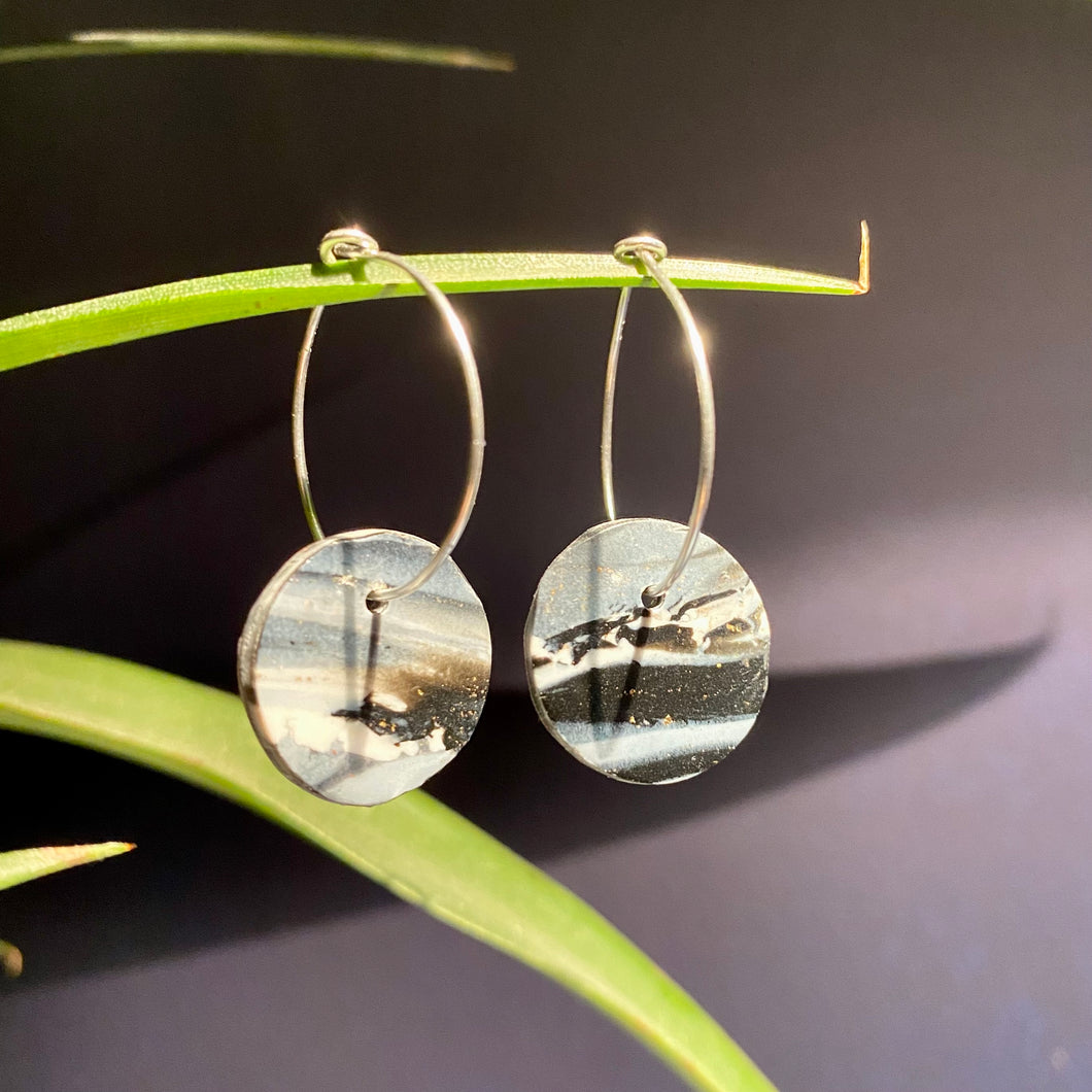 Black White Gold Marble | Big disc hoops | Sterling silver