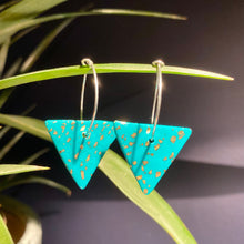 Load image into Gallery viewer, Teal &amp; Gold Leaf | Big Triangle hoops | Sterling silver
