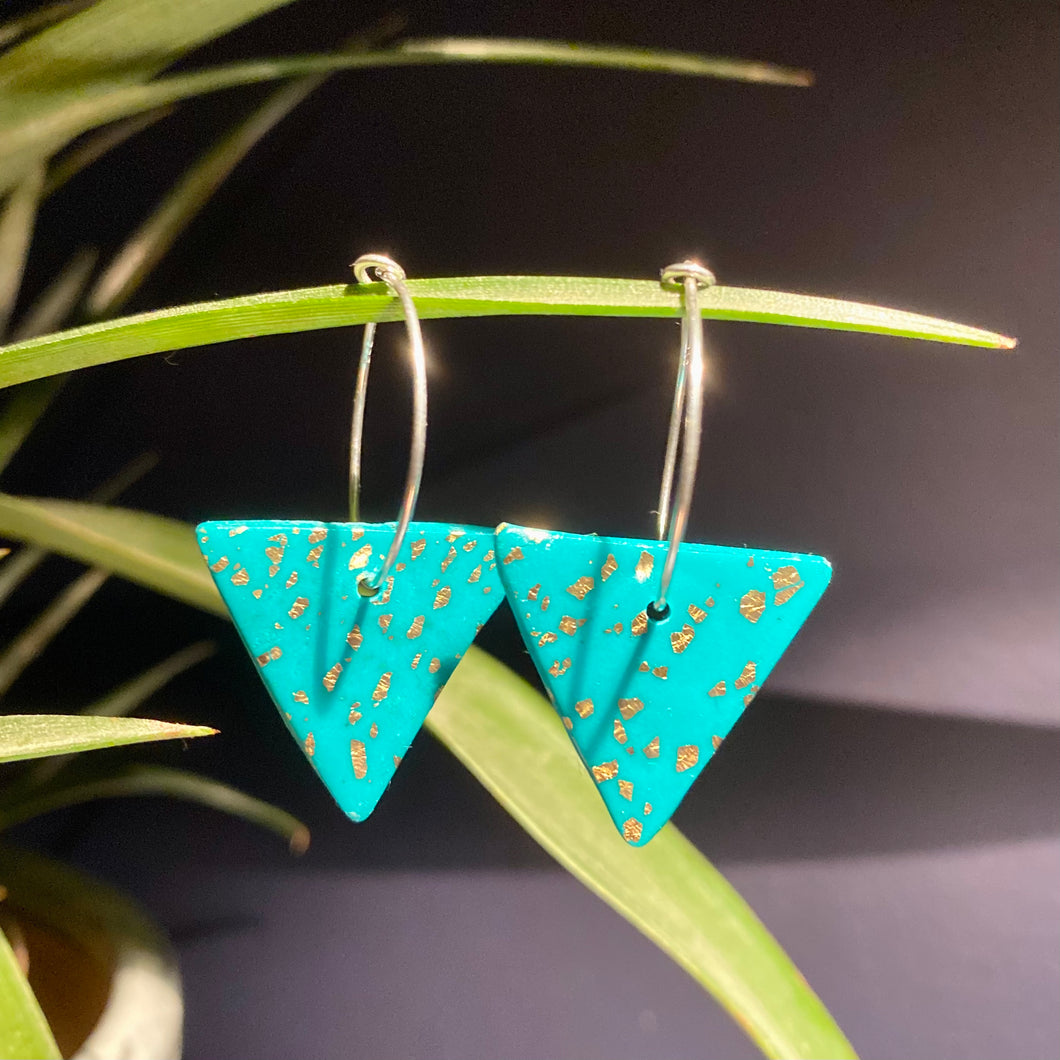 Teal & Gold Leaf | Big Triangle hoops | Sterling silver