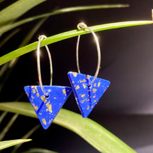Load image into Gallery viewer, Blue &amp; Gold Leaf | Small Triangle hoops | Sterling silver
