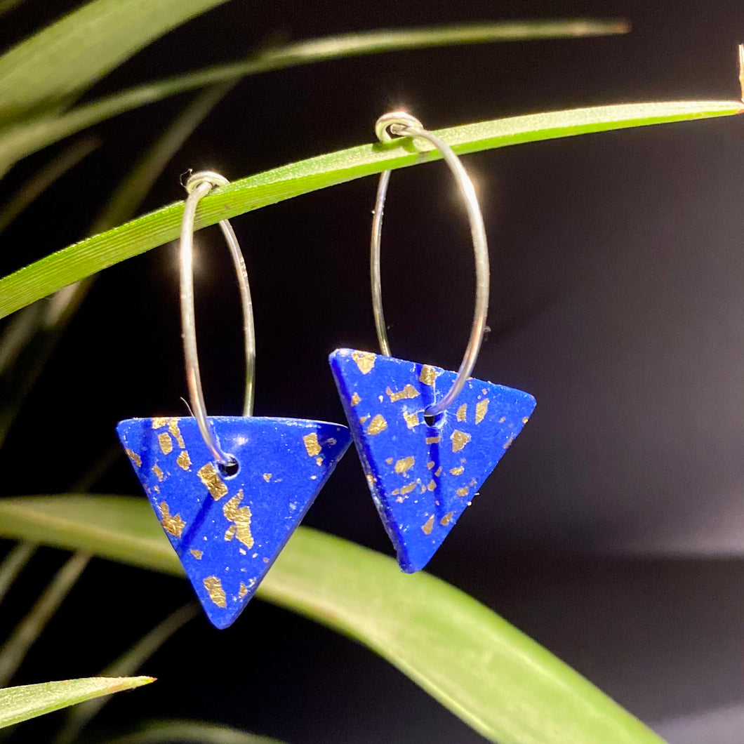Blue & Gold Leaf | Small Triangle hoops | Sterling silver