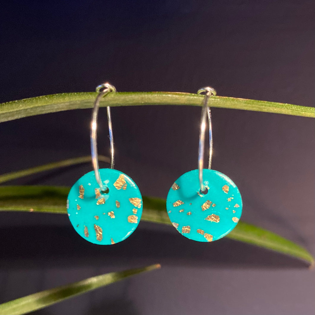 Teal Gold Leaf | Small disc hoops | Sterling silver